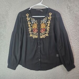 THML Floral Embroidered Top Women XS Semi Sheer Long Sleeve Black Event Office